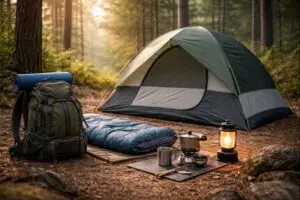 Best budget camping gear for beginners laid out at a forest campsite with tent, sleeping bag, backpack, and stove
