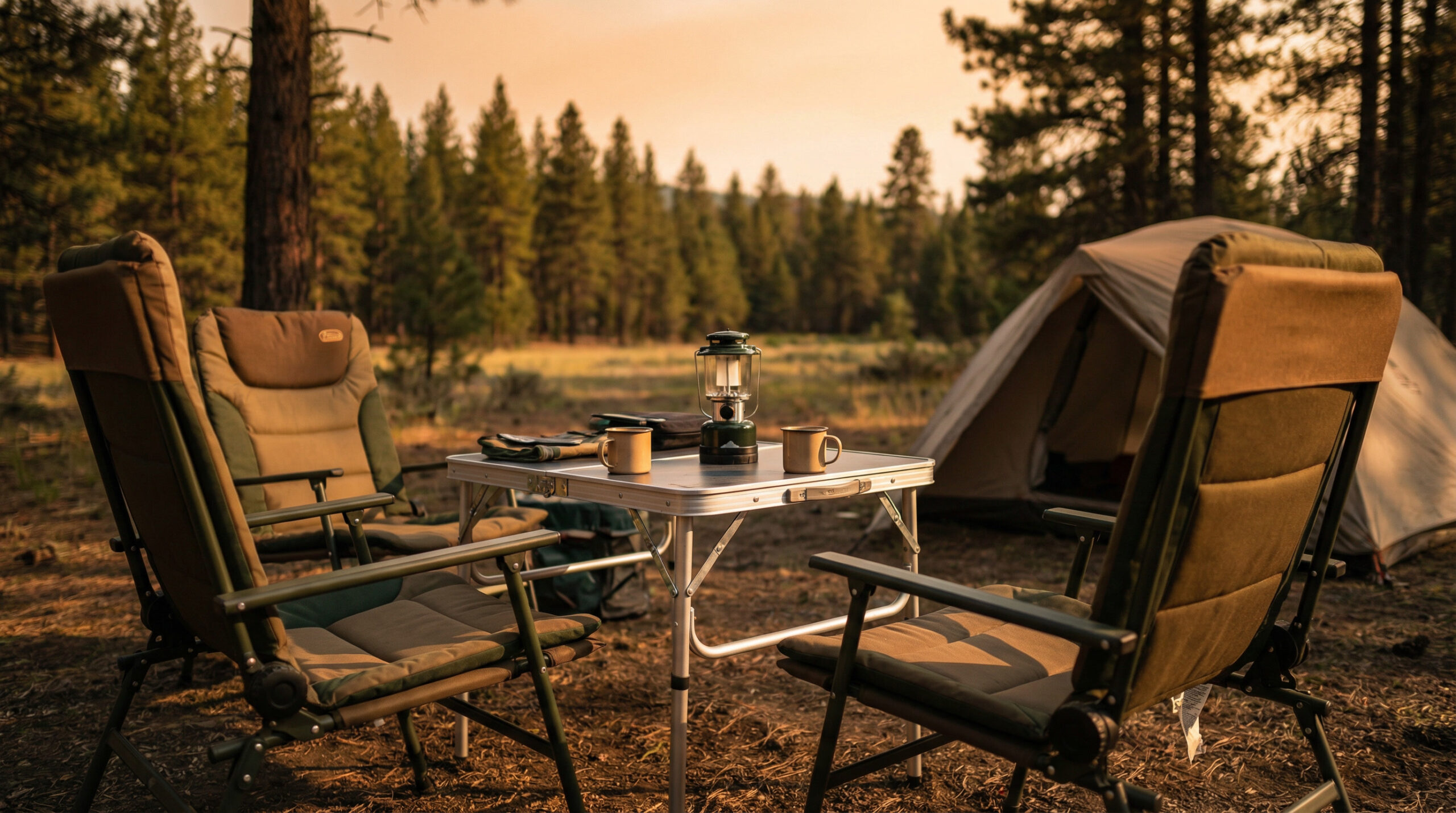 Best camping chairs and tables set up at a forest campsite with foldable chairs and compact table for outdoor cooking and relaxing