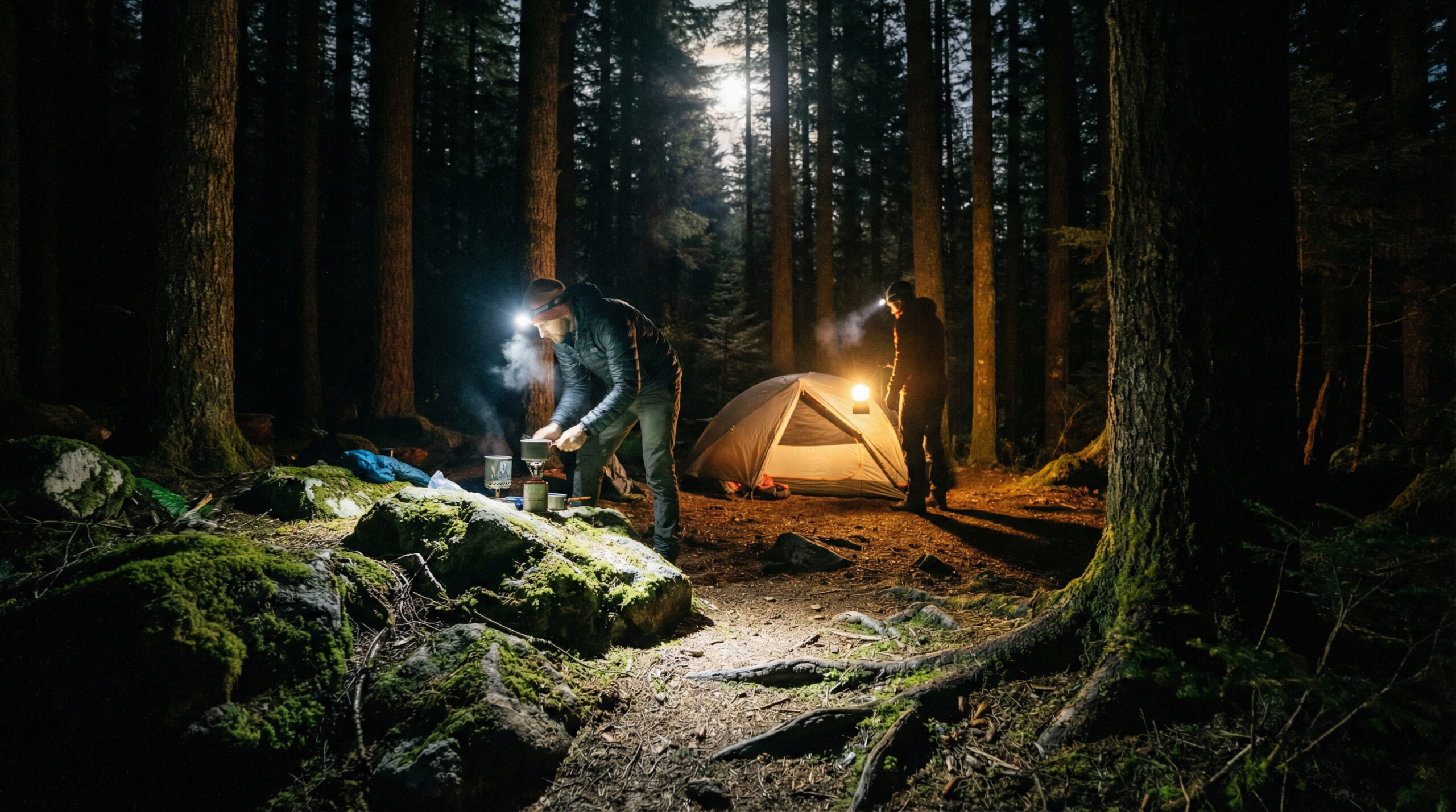 Best headlamps for hiking & camping lighting a forest trail at night with hikers setting up camp