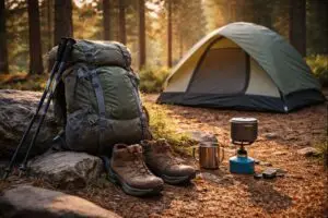 Best hiking boots placed at a forest campsite with tent, backpack, stove, and trekking poles in natural morning light