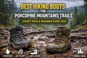 A pair of rugged, muddy hiking boots on a Porcupine Mountains trail, showcasing the best hiking boots for Porcupine Mountains trails with waterproofing, grip, and ankle support.