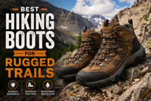 Best Hiking Boots for Rugged Trails displayed on a rocky mountain path, featuring durable waterproof construction, aggressive traction soles, and sturdy ankle support for challenging hiking and backpacking adventures in rugged outdoor terrain.