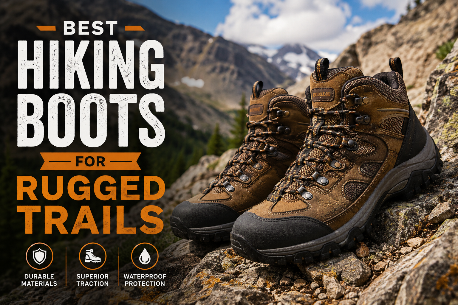 Best Hiking Boots for Rugged Trails displayed on a rocky mountain path, featuring durable waterproof construction, aggressive traction soles, and sturdy ankle support for challenging hiking and backpacking adventures in rugged outdoor terrain.
