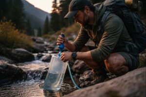 Best Hydration Gear for Overnight Hikes being used by a backpacker refilling a hydration bladder from a mountain stream at dusk