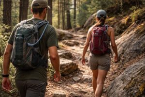 Best hydration packs for hiking and camping being used on a rocky trail with backpackers