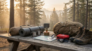 Essential outdoor accessories laid out at a campsite during sunrise in the mountains