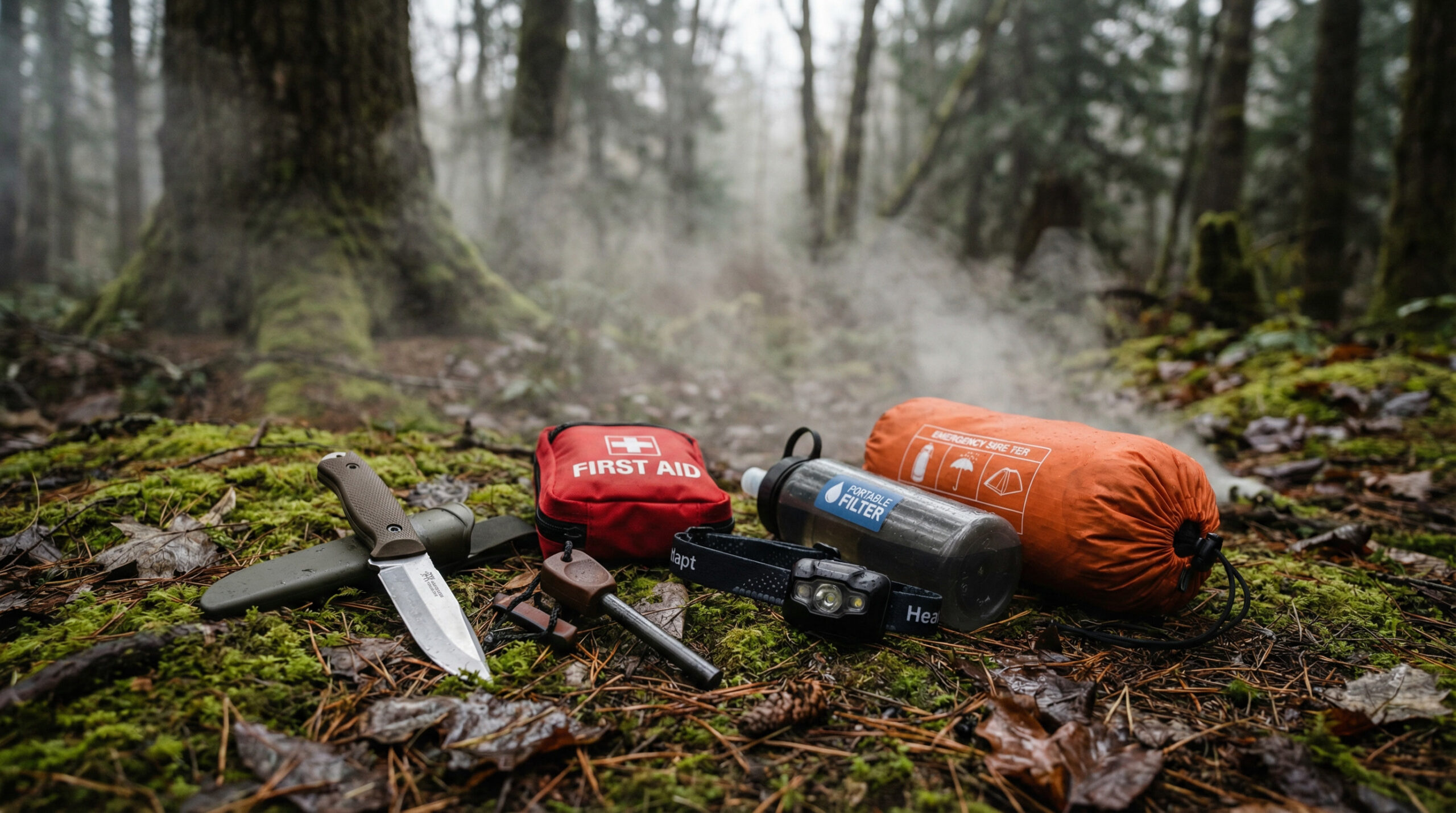 Survival Gear for Outdoor Emergencies laid out during a real outdoor emergency camping scenario