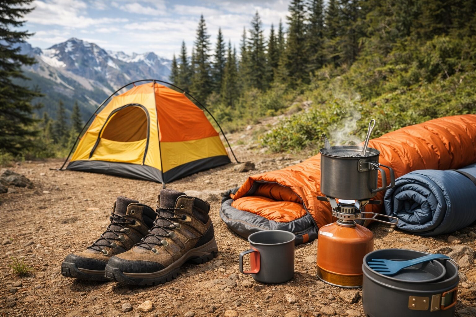 Honest outdoor gear reviews USA 10 Camping tent, sleeping bag and cooking gear at forest campsite