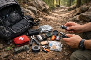 Compact survival kits for backpacking laid out beside a backpack on a remote trail