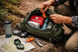 Essential emergency supplies for hikers packed in a backpack during a day hike