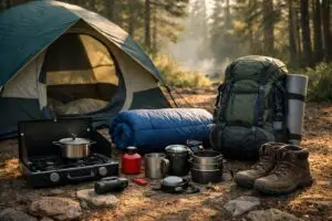 Essential gear for beginner campers laid out at a forest campsite with tent, backpack, and cooking gear