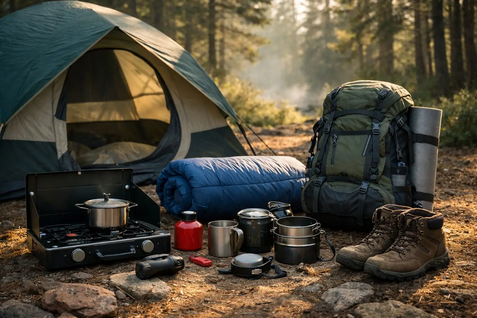 Essential gear for beginner campers laid out at a forest campsite with tent, backpack, and cooking gear