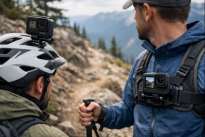GoPro Hero6 vs Hero10 Black mounted on hikers filming a mountain trail in daylight