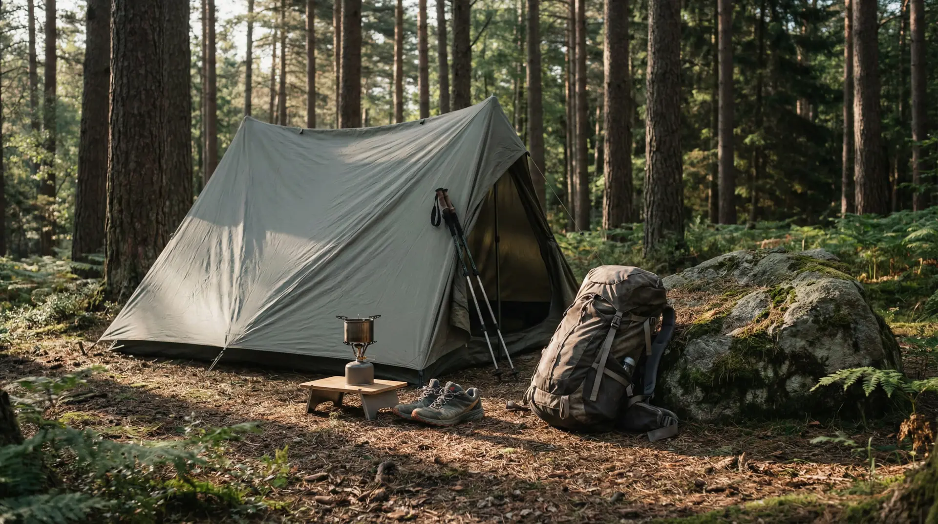 Honest reviews of popular outdoor products laid out at a campsite with tent, backpack, boots, and cooking gear