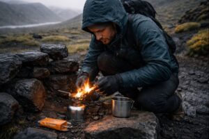 Laugavegur fire starters used in windy, wet Icelandic highlands camp