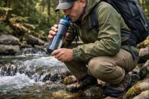 Portable water filters for outdoor adventures used while hiking near a mountain stream