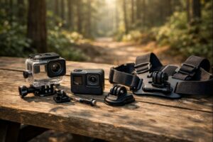 Top affordable action cameras for beginners laid out on a hiking trail with mounts and accessories
