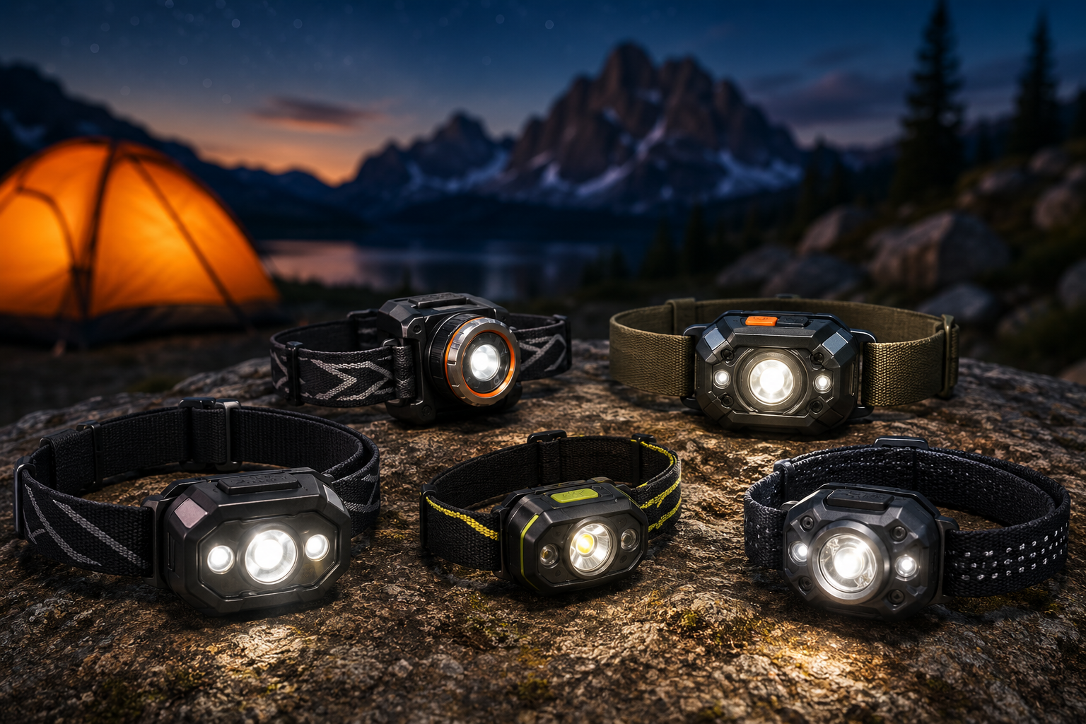 op Headlamps for Hiking displayed on a rocky campsite at dusk, featuring multiple high-performance LED headlamps illuminated against a scenic mountain landscape with a glowing tent, lake, and starry sky, showcasing the best hiking and camping headlamps for outdoor adventures in 2026.