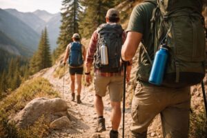 Top water bottles for long hikes being used on a rocky mountain trail by hikers