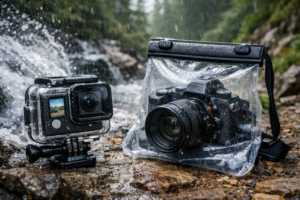 Waterproof cases for outdoor recording protecting action and mirrorless cameras during rain and river filming outdoors