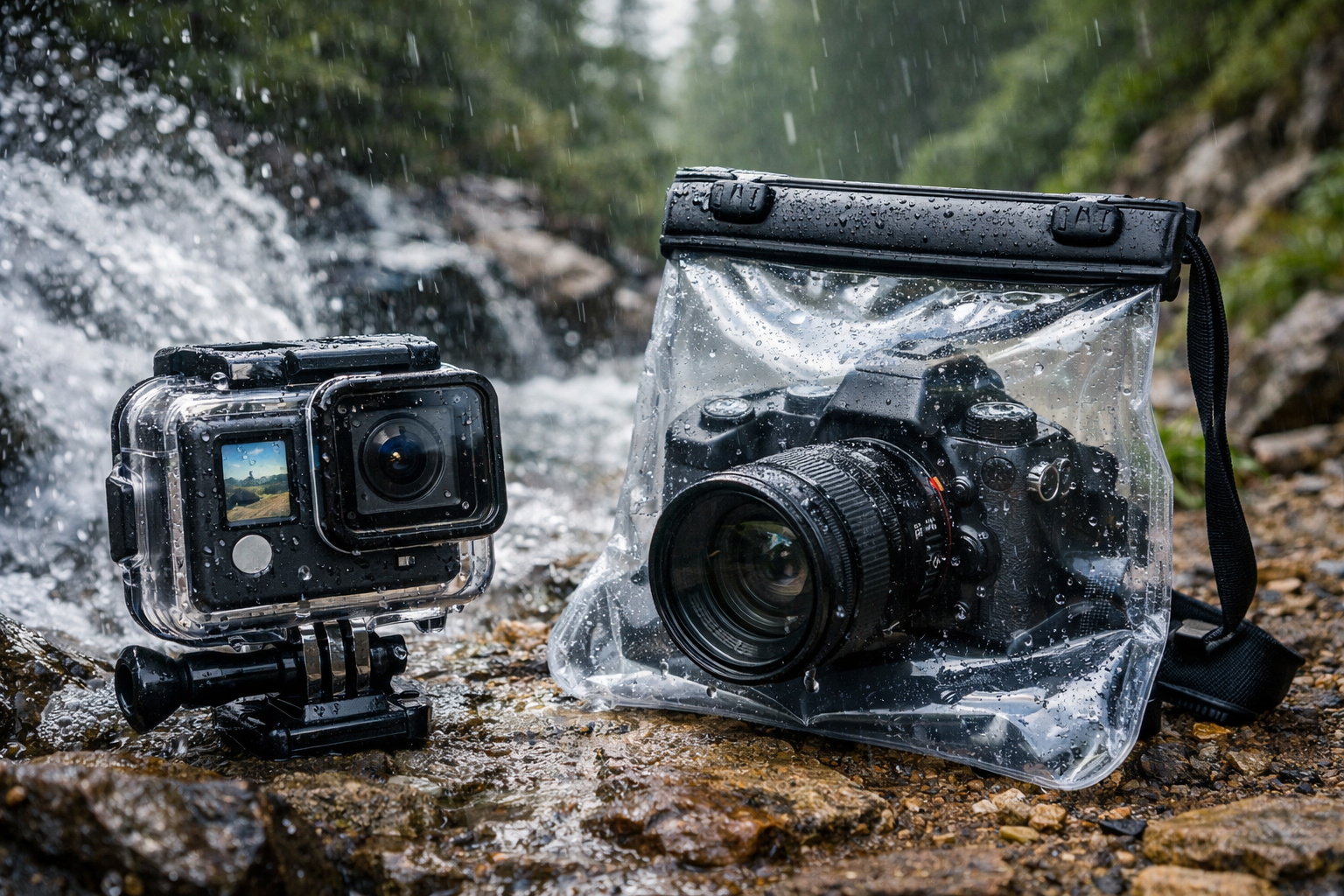 Waterproof cases for outdoor recording protecting action and mirrorless cameras during rain and river filming outdoors