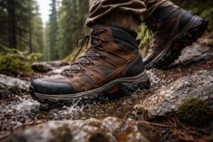 Waterproof hiking boots for USA conditions used on rocky, wet mountain trail in North America