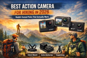 Best action camera for hiking 2026 - Reddit-tested picks including GoPro Hero, DJI Osmo Action, and Akaso 4K with chest mount, extra batteries, and tripod grip for outdoor hiking adventures