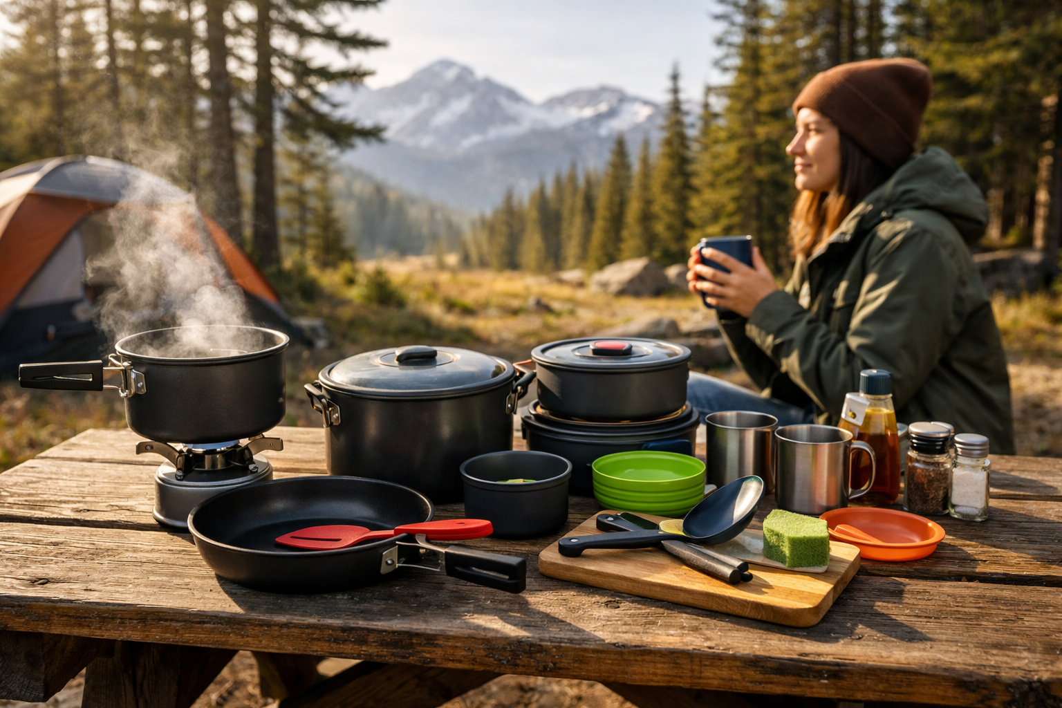 Best camping cookware sets for beginners arranged at a campsite with pots, pans, and utensils
