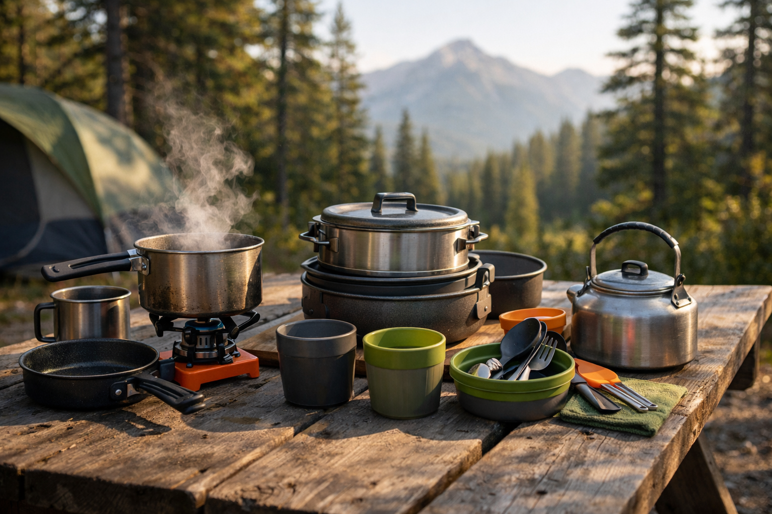 Camping cookware sets on a picnic table at a forest campsite with stove, pots, and frying pan