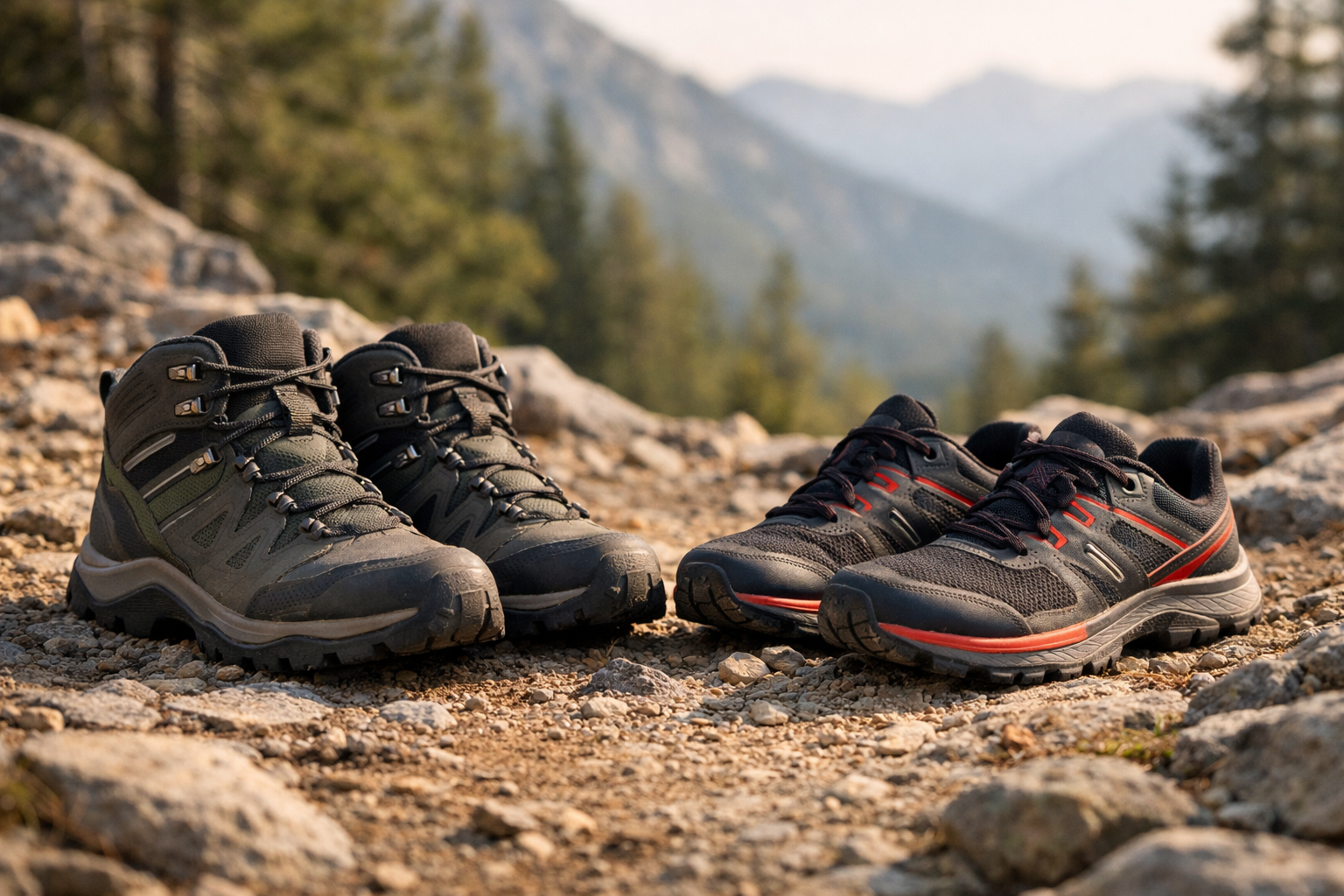 Hiking Shoes vs Trail Runners placed side by side on a trail