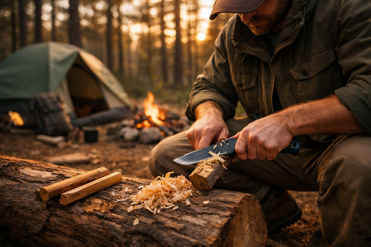 Survival Knives for Camping, Camper using survival knife at forest campsite – Survival Knives Guide 2026