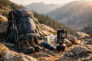 Top reviewed hiking gear arranged on rugged mountain trail before hike