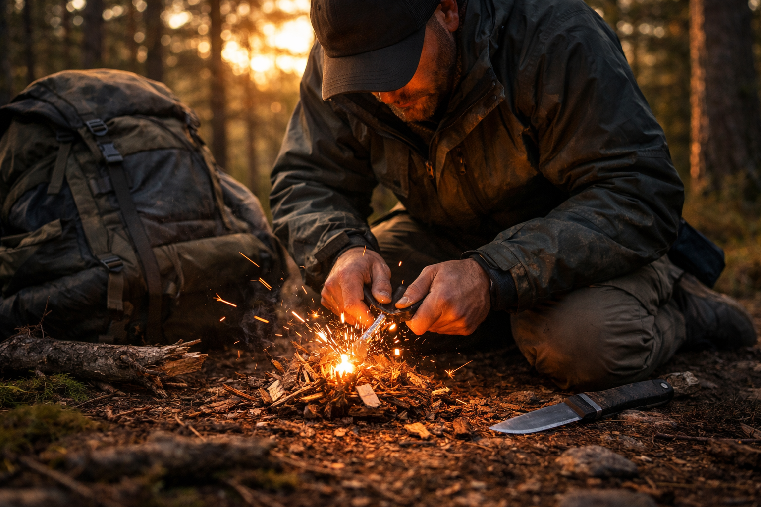 Best Fire Starters for Survival Situations: A hiker using ferro rod fire starter to ignite tinder in wilderness campsit