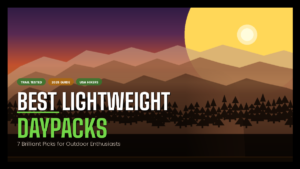 Layered mountain silhouette at golden hour with pine trees and text reading Best Lightweight Daypacks 2026
