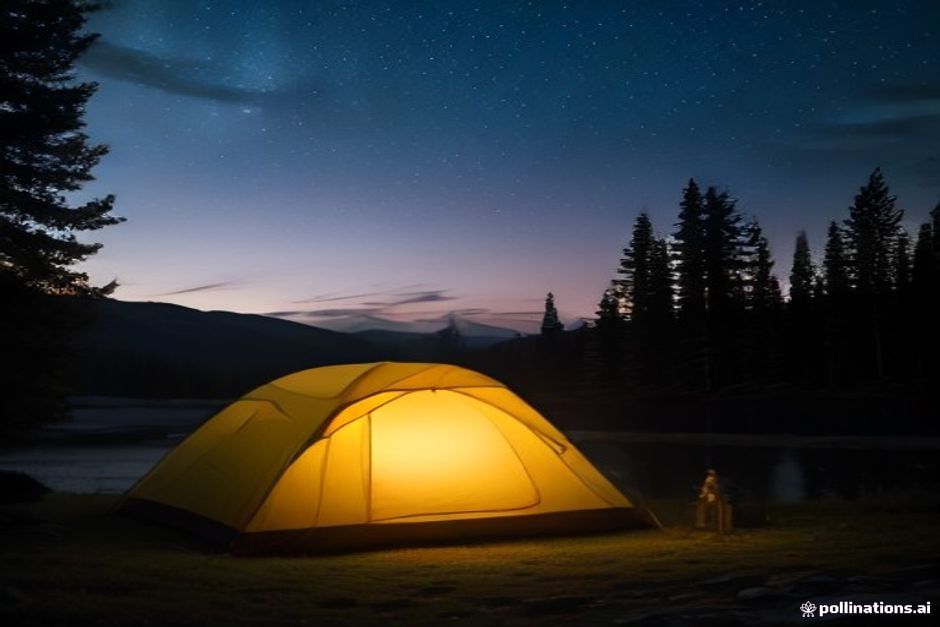 camping accessories under $30 - A campsite at dusk with a compact lantern glowing beside a sleeping bag.