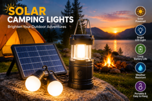 Solar camping lights with LED lantern and solar panel illuminating a lakeside campsite at sunset.