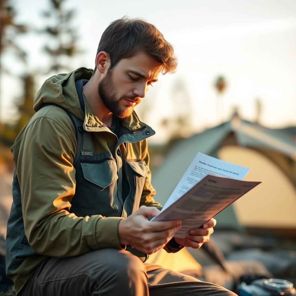 a beginner camper reading a checklist beside a tent