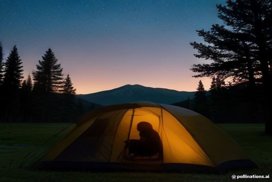 , a camper using a headlamp to free their hands while setting up a tent at dusk.