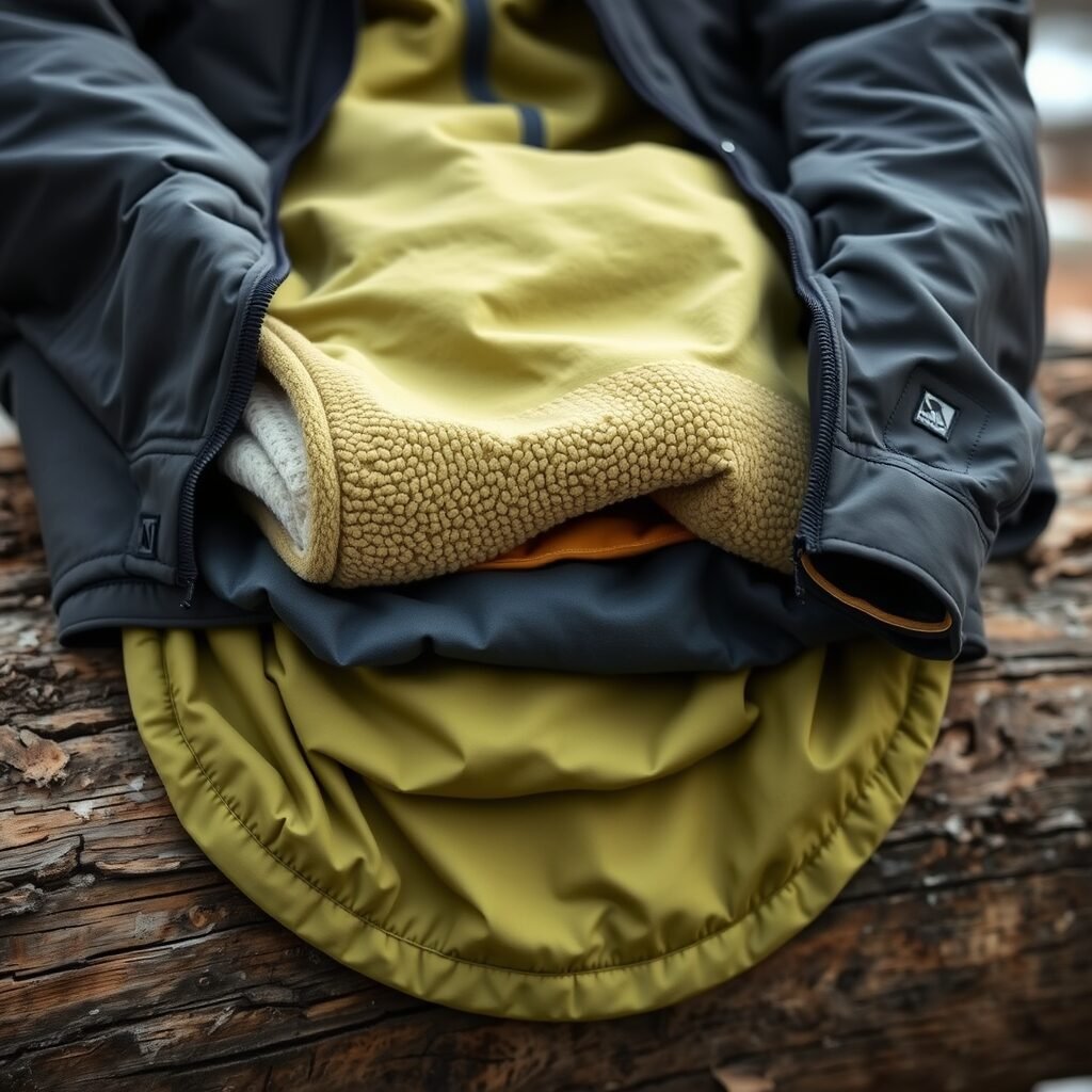 a close‑up of a layered clothing system (base layer, fleece, waterproof shell) displayed on a wooden log