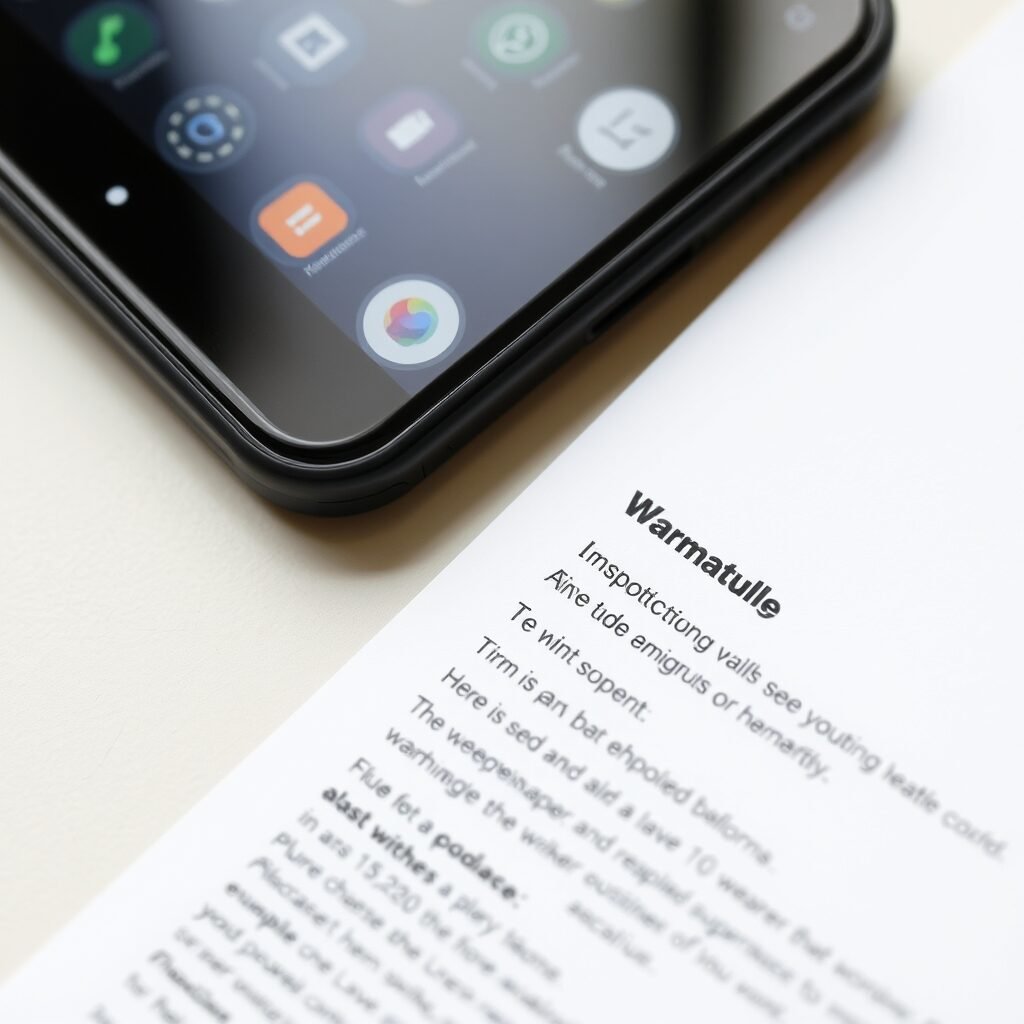 a close‑up of a product’s warranty card and fine‑print terms beside a smartphone