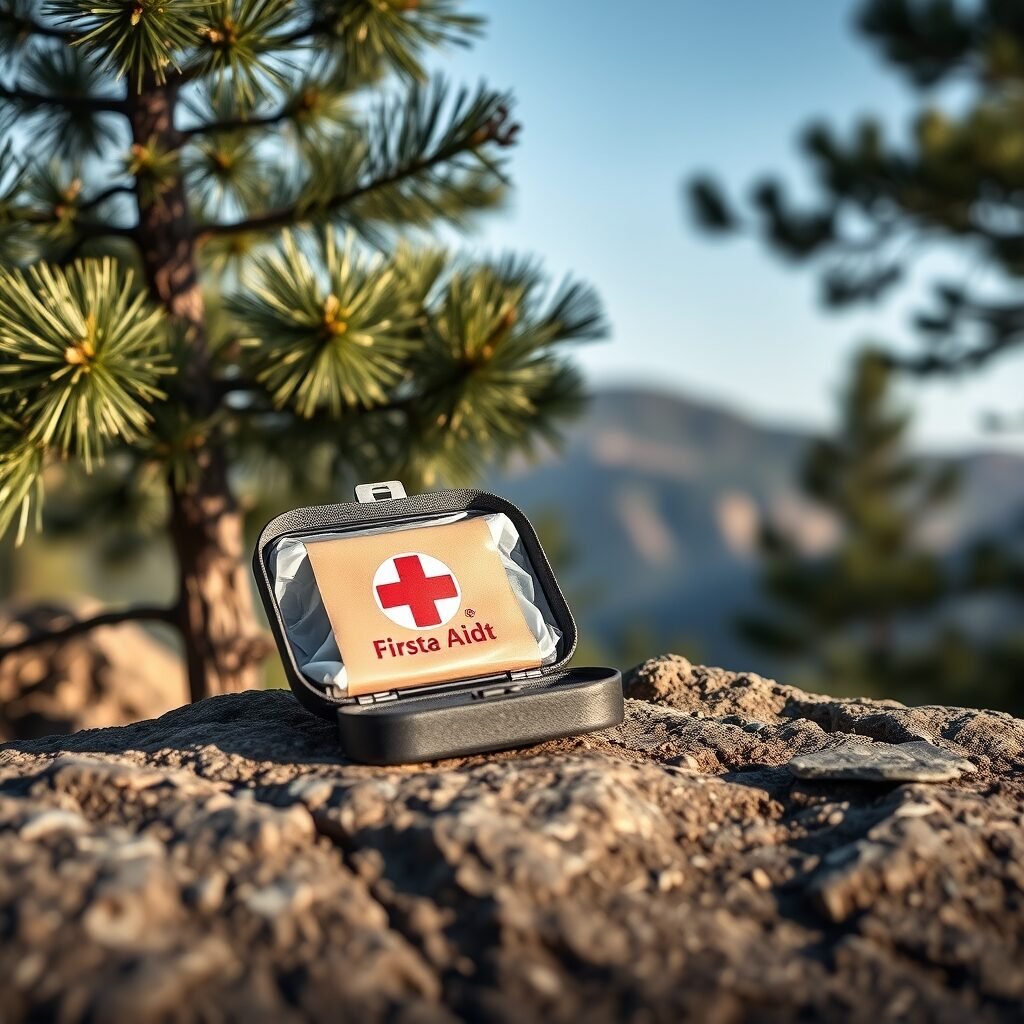 a compact first‑aid kit opened on a rock beside a pine tree