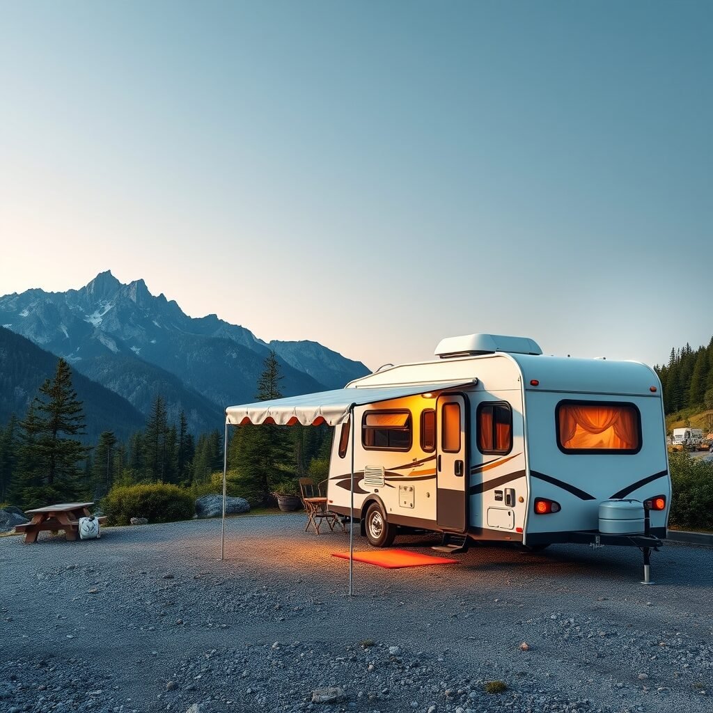a compact RV parked at a scenic mountain campsite with awning extended