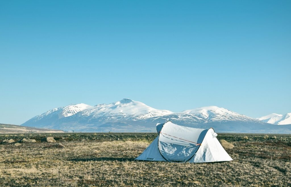 a compact RV parked at a scenic mountain campsite with awning extended