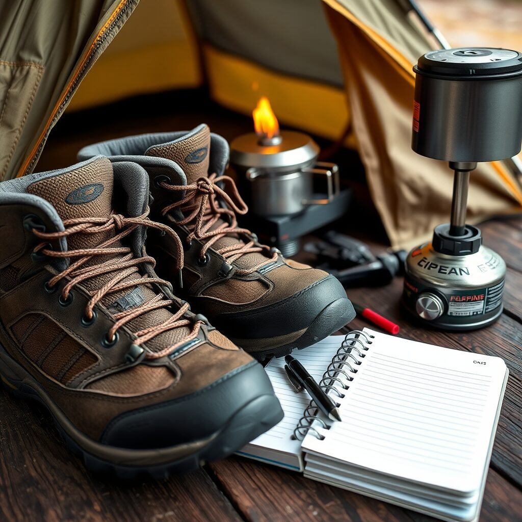 A detailed close-up of hiking boots, a tent, and a camping stove arranged on a table with a notebook and pen for budget planning