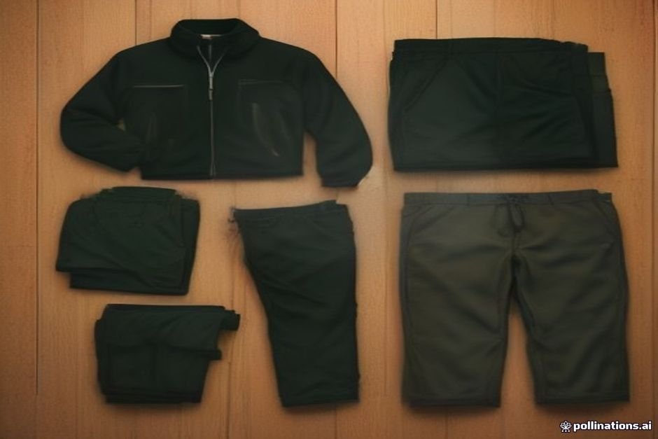 a flat lay of hiking clothing including a merino wool base layer, fleece jacket, waterproof rain shell, and hiking pants on a wooden surface