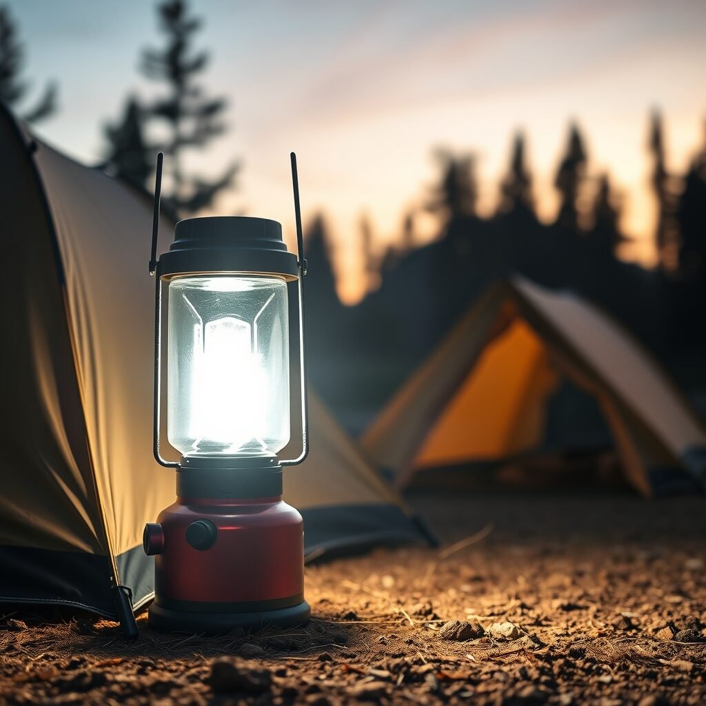A high‑lumens camping lantern glowing beside a tent at dusk in a forest clearing.