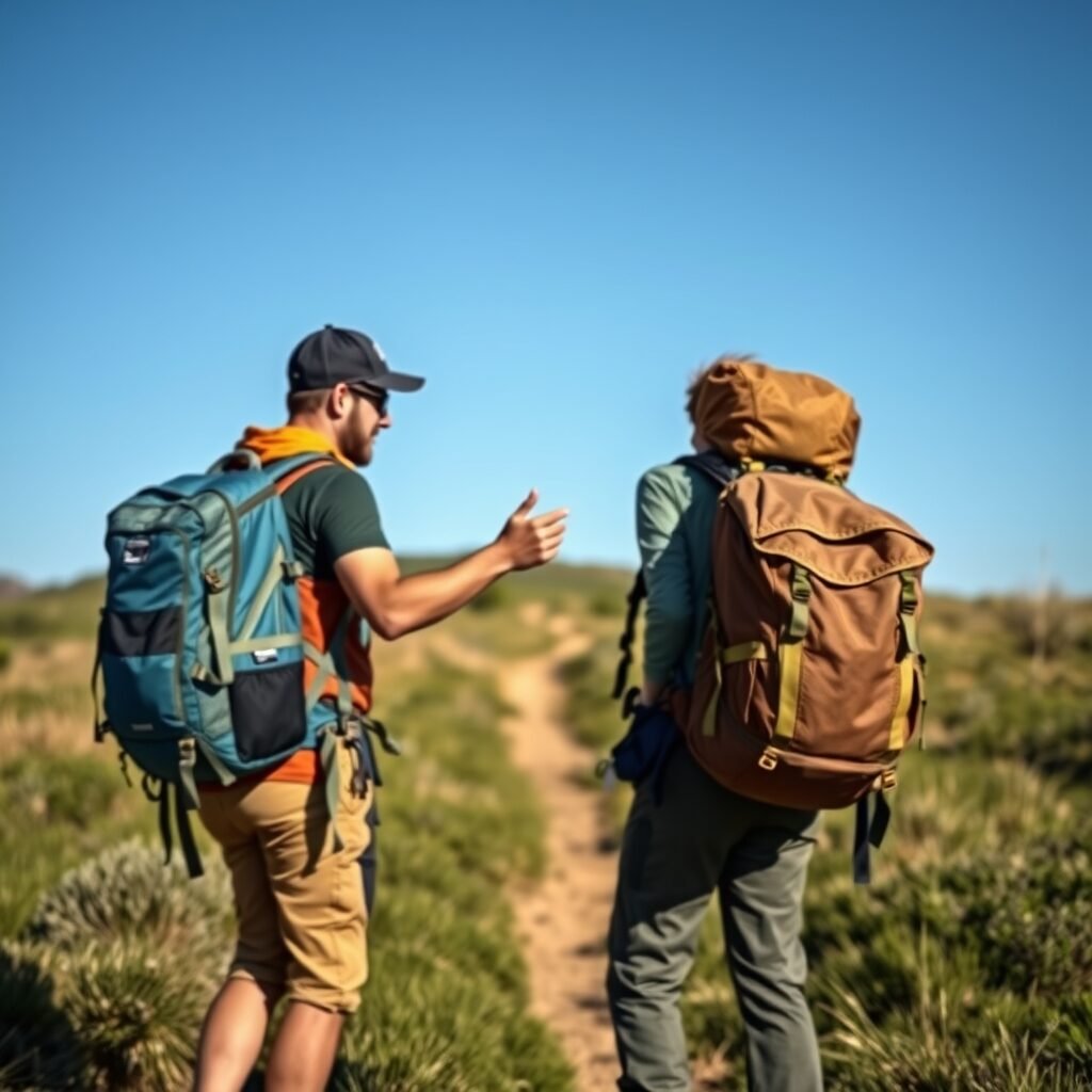 a hiker comparing two backpacks on a trail