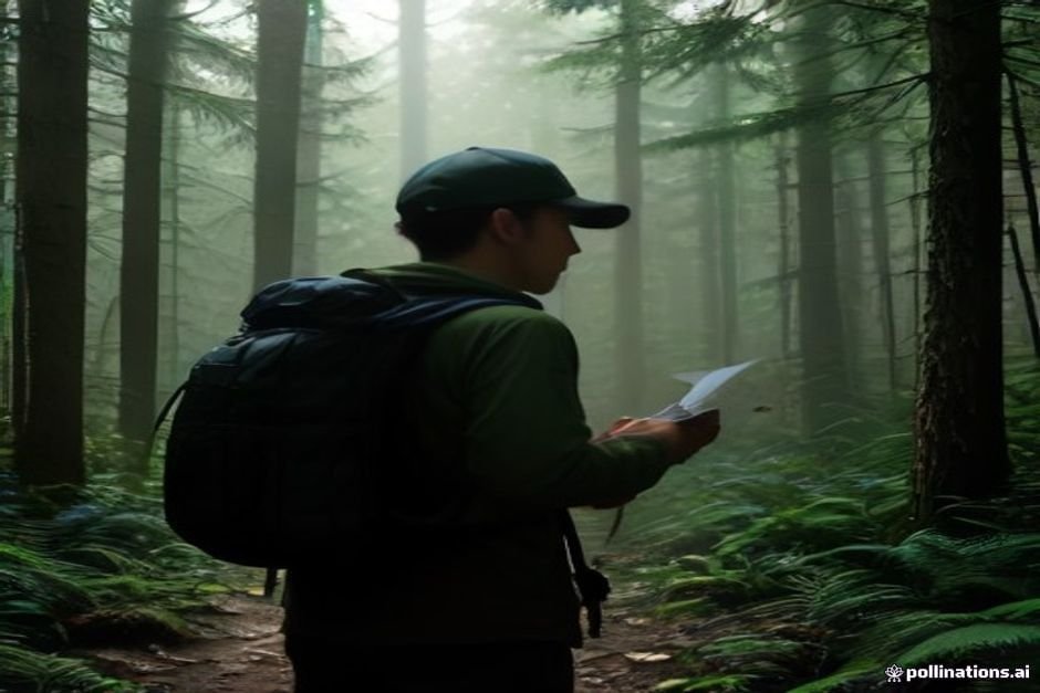 a hiker examining a detailed checklist beside a packed backpack on a forest trail