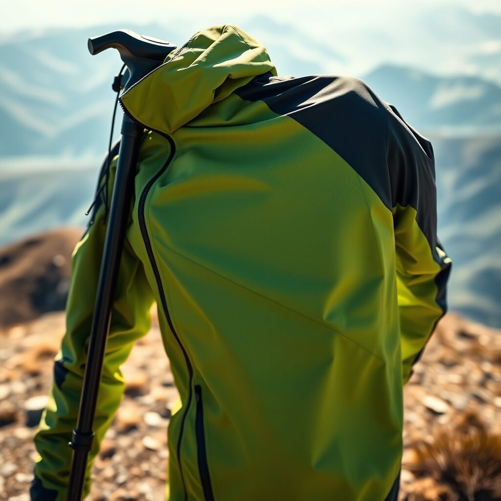 A lightweight breathable jacket draped over a trekking pole, highlighting its wind‑resistant fabric on a sunny ridge.