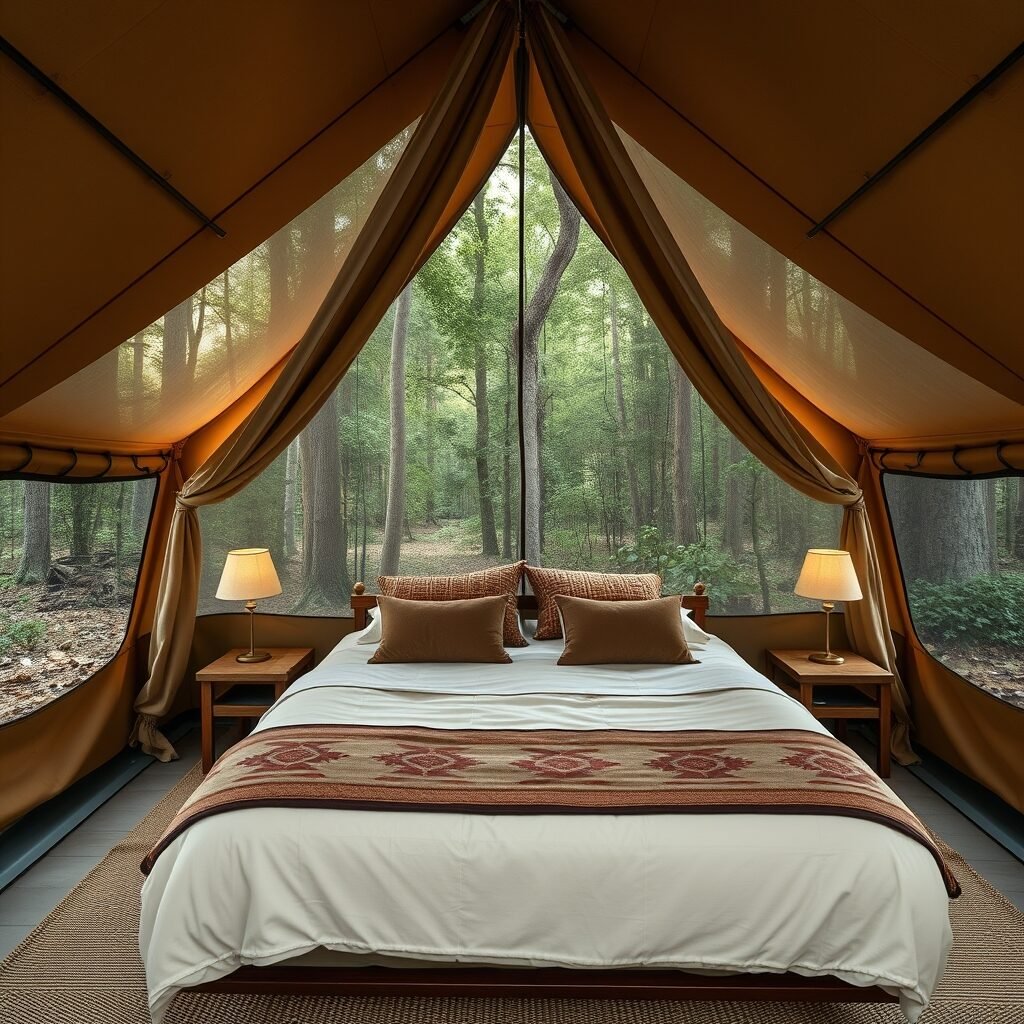 a luxurious glamping safari tent with a comfortable bed inside a forest clearing